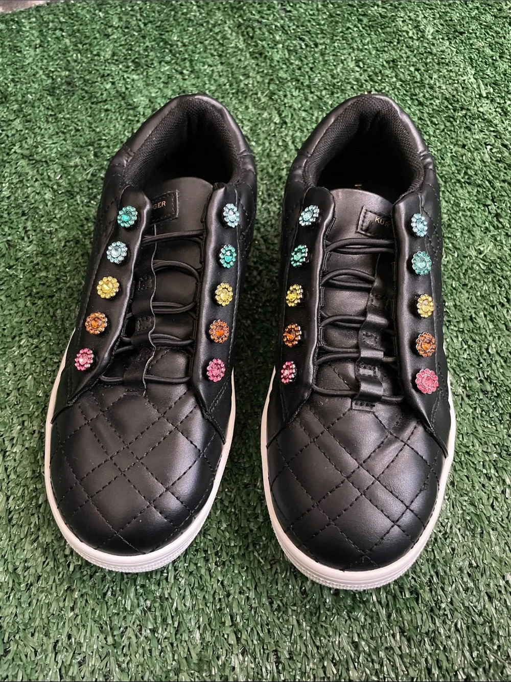 Kurt Geiger London Kids Mini Liviah Quilt Sneakers size 4 Black Floral Gems